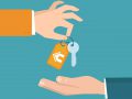 Vector real estate concept in flat style - hands giving keys - sell house icon